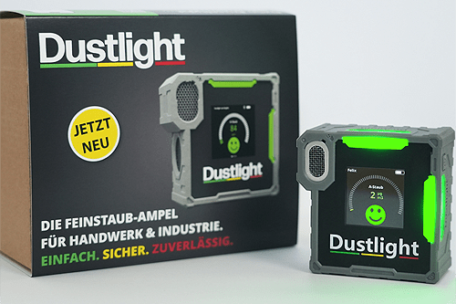 Dustlight Feinstaubampel Feinstaub Schweißrauch Dieselruss messen Holzstaub überwachen Echtzeit Messung Latai personengetragen SIFA Schreinerei Schreiner Tischler Werkstatt Industrie Ampelsystem Photometrisch