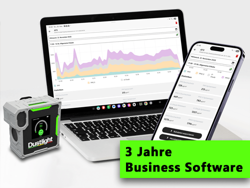 Dustlight Business Software Lizenz Feinstaubampel Partikelmessgerät Software material Konfigurieren Staub Feinstaub messen Schweißrauch Ölnebel Holzstaub Dieselruß Abgase Autoabgase KFZ Werkstatt Tunnel Raum Maschine Arbeitsplatz Betrieb Industrie