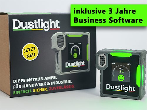 Dustlight Business Feinstaubampel Partikelmessgerät Software material Konfigurieren Staub Feinstaub messen Schweißrauch Ölnebel Holzstaub Dieselruß Abgase Autoabgase KFZ Werkstatt Tunnel Raum Maschine Arbeitsplatz Betrieb Industrie