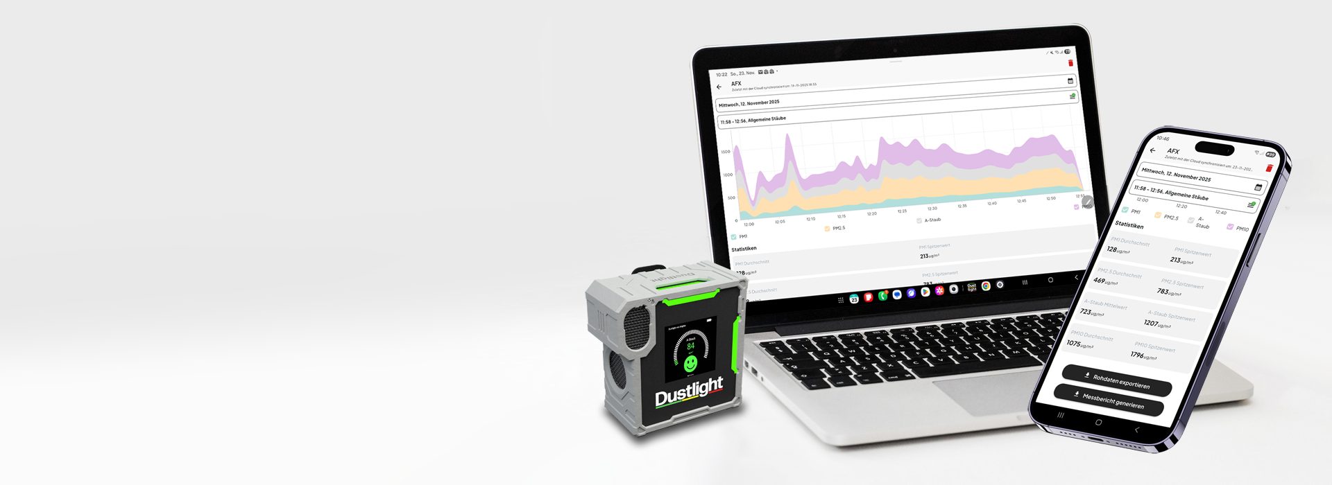 Dustlight Business Software Lizenz Feinstaubampel Messbericht erstellen BG Bezirksregierung Partikelmessgerät Software material Konfigurieren Staub Feinstaub messen Schweißrauch Ölnebel Holzstaub Dieselruß Abgase Autoabgase KFZ Werkstatt Tunnel Raum Maschine Arbeitsplatz Betrieb Industrie