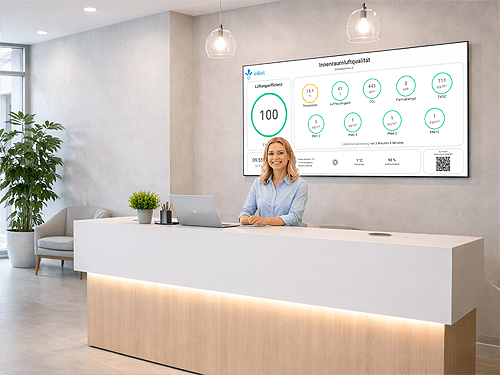inBiot Empfang Gute Luft Raumluftqualität zeigen Mitarbeitenden, Kunden oder Besuchern. Gute Luft wird sichtbar, Engagement für Gesundheit und Qualität