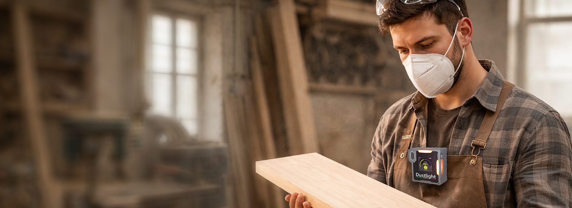 Dustlight Holzstaub Messung Schreiner Tischler Holz Sägen Schleifen Feinstaub einatmen Arbeitsschutz krank Krankheit schlechte Luft Zimmermann Holzindustrie Holzentstauber Staubfilter